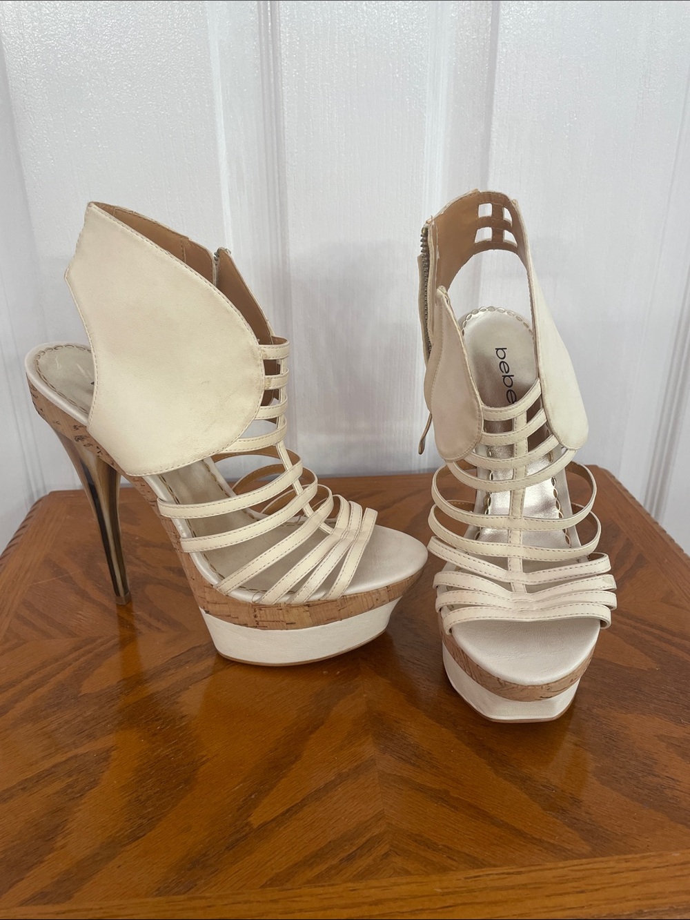 bebe Ivory Strappy Cork Platform Heels